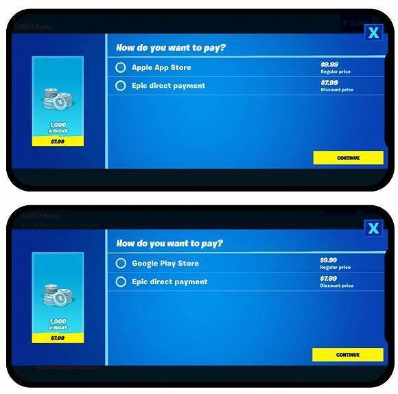 苹果（上）和谷歌（下）商店的支付界面截图