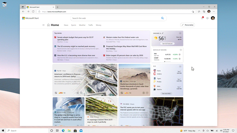Microsoft Start service showing news interests on an Edge new tab page