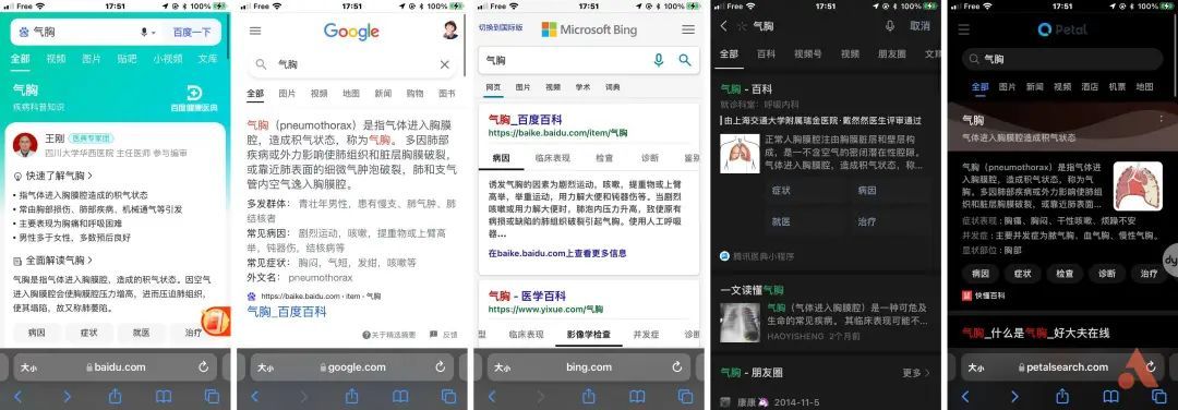 ▲从左到右依次为百度、Google、必应、微信、花瓣